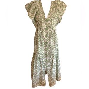 Anthropologie The Reneé Flutter-Sleeve Linen Button-Front Midi Green Dress S
